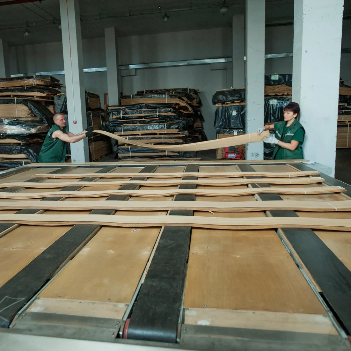 Warehouse workers lay long sheets of 0.6 mm sliced Anegre veneer on a measurement table.