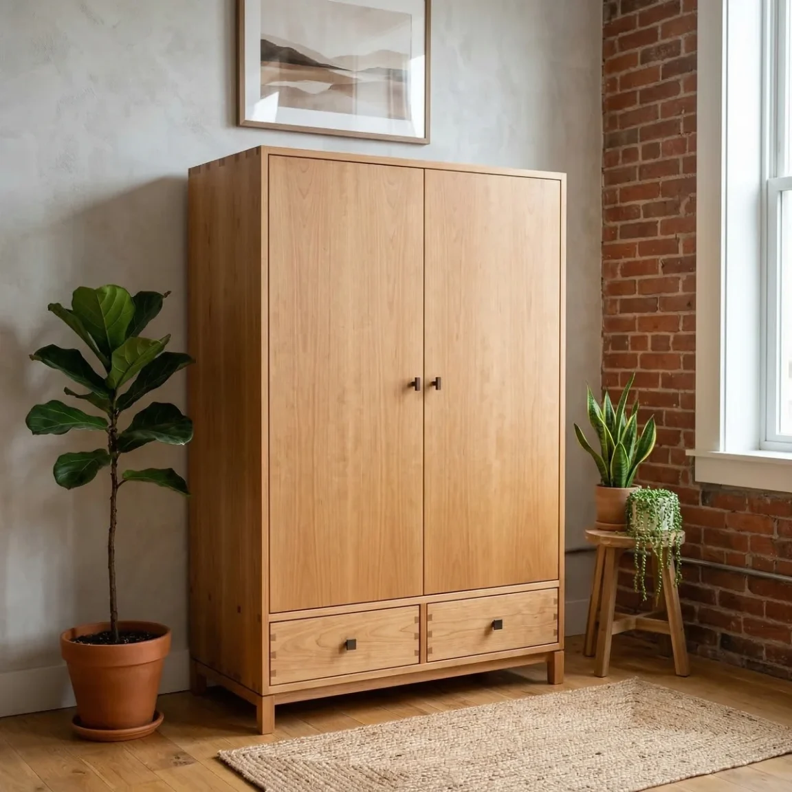 Two door wardrobe made of 0.6 mm sliced anegre veneer standing in a room near a brick wall.