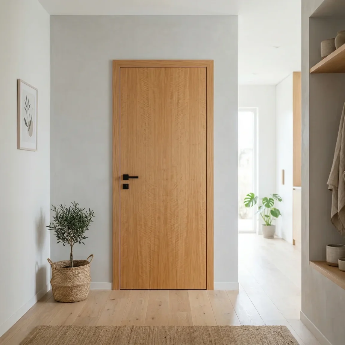Interior door finished with 0.6 mm sliced anegre veneer in a bright hallway interior.