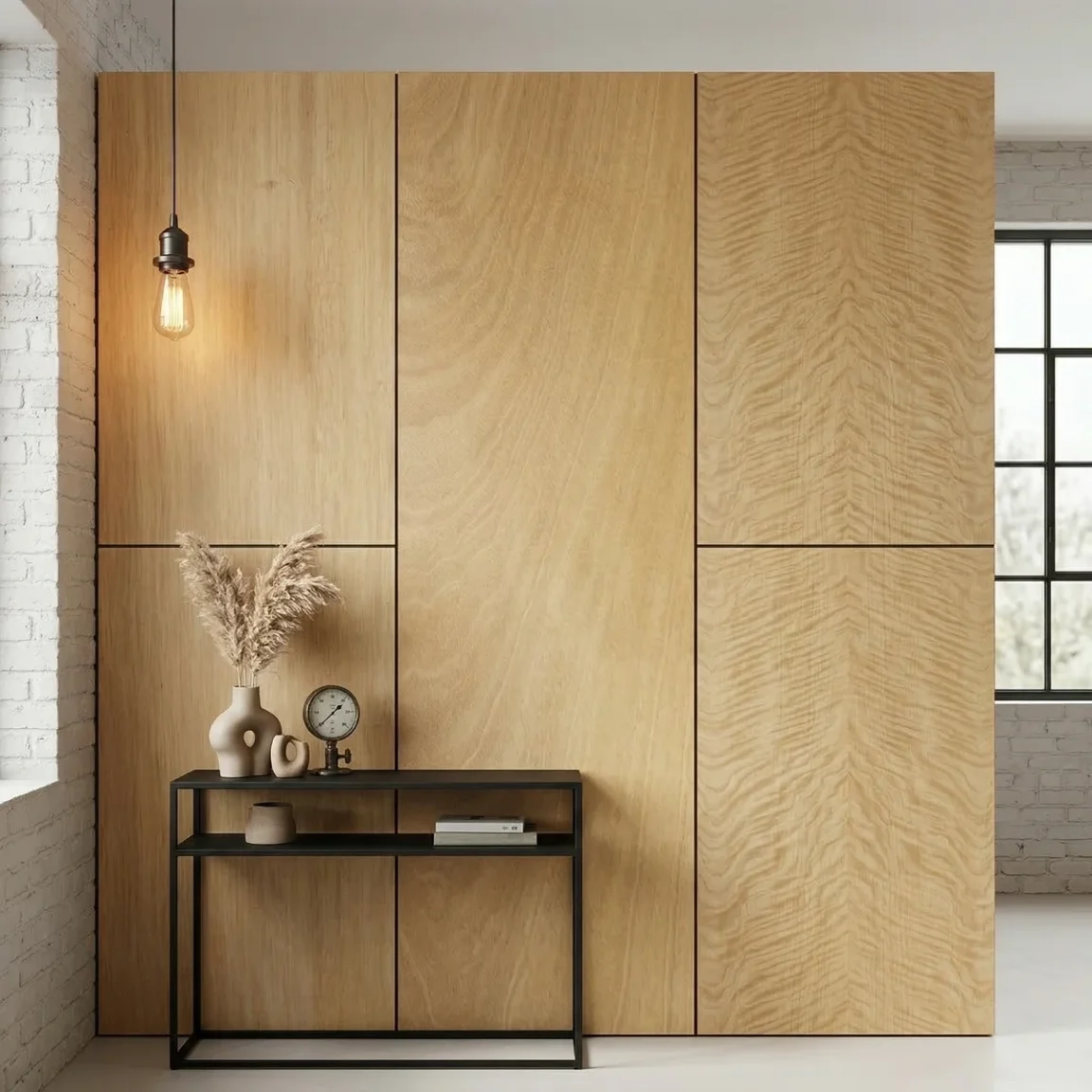 Wall panels finished with natural 0.6 mm Anegre sliced veneer in a modern interior with a console table.