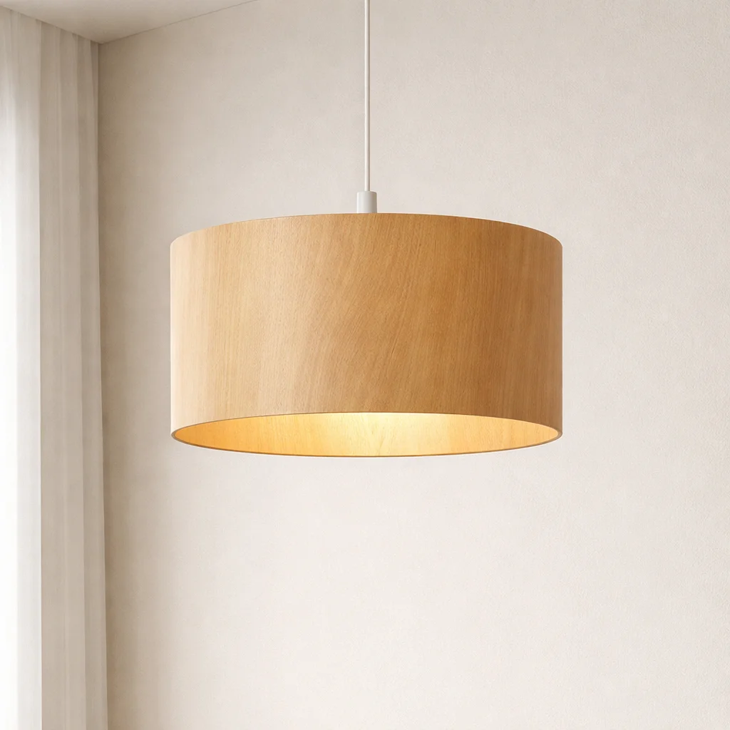 Pendant lamp with a round lampshade finished in natural 0.6 mm Anegre sliced veneer.