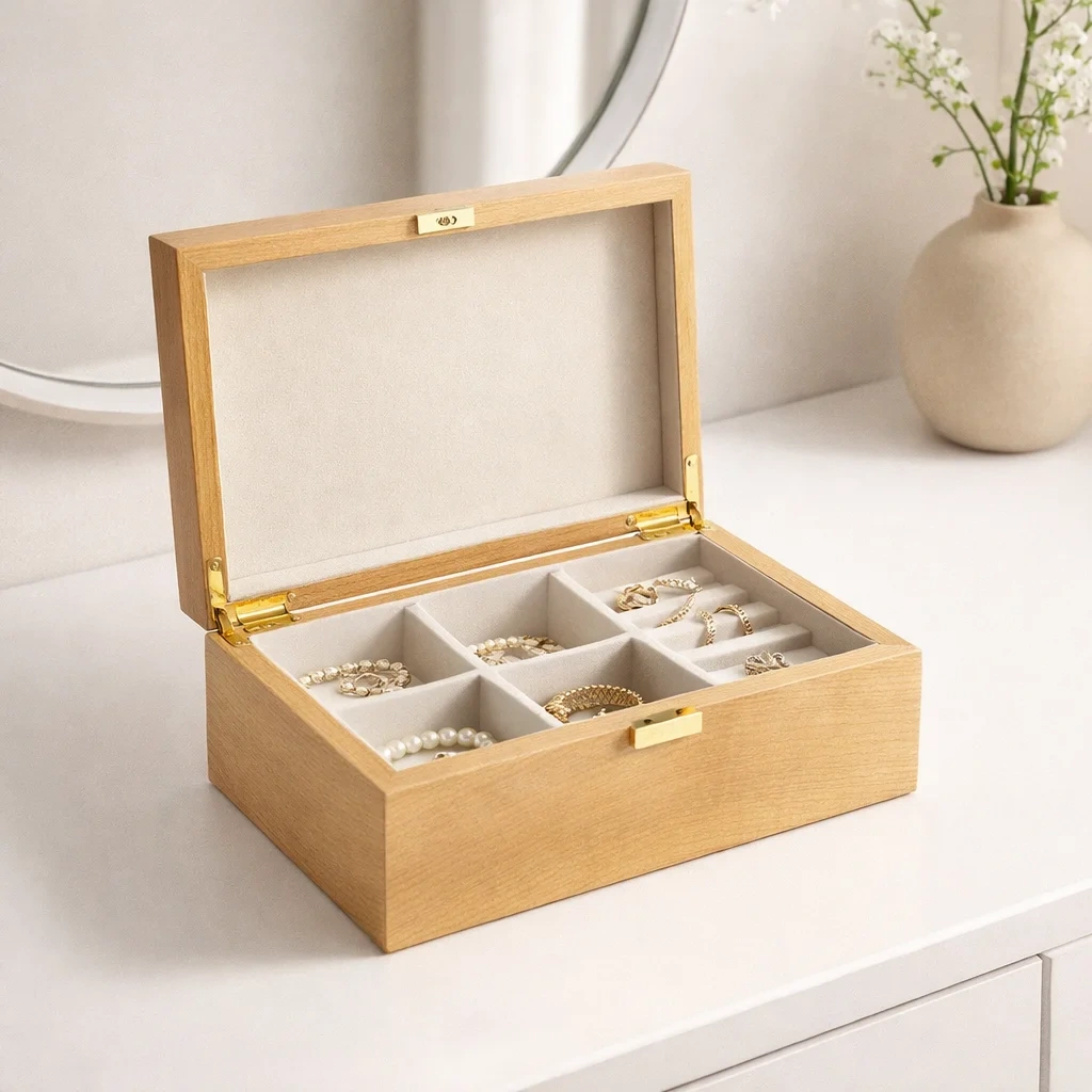 Open wooden jewelry box finished with natural 0.6 mm sliced anegre veneer