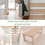Collage demonstrating interior applications of birch boards, including shelving, stairs, flooring, and a dining table.