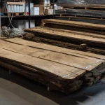 Wholesale unedged oak boards, 52 mm, stacked in a wood warehouse
