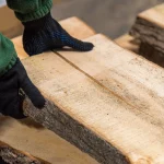 Worker's hands in gloves holding and inspecting a piece of unedged linden board.