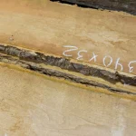 Close-up of the Amur corktree board surface with chalk size markings.