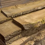 End grain and thick bark of stacked unedged Amur corktree boards.