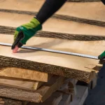 Worker in protective gloves measuring the width of an unedged ash board with a tape measure.