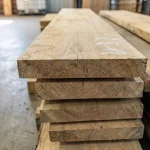 Thickness close up of 52 mm edged elm boards stacked in a warehouse.