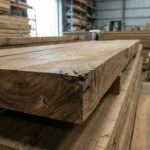 Edged elm boards with a thickness of 32 and 52 mm stacked in a warehouse