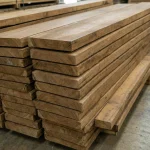 First grade 52 mm edged elm boards stored in stacks