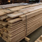 Stacked edged beech boards, 52 mm, stored in a warehouse
