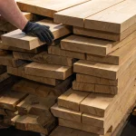 A worker in a protective glove selecting a high-quality edged cherry board from a large stack in the warehouse.