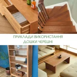 Collage showing examples of cherry wood applications: a drawer, wooden stairs, a bookshelf, and a coffee table.