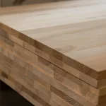 Side view of stacked ash panels showing the precise edge-gluing of solid wood lamellas.