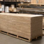 Large stack of wrapped oak furniture panels stored on a wooden pallet.