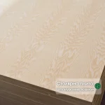 Close-up of the white ash veneered blockboard surface showing beautiful wood grain texture with text overlay.