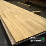 Finger-jointed oak furniture board 40 mm thick with informational text overlay.