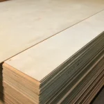 Stack of sanded FC plywood sheets 6 mm, size 1525x1525 mm, in the warehouse.