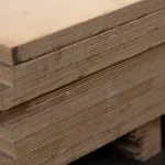 Multi-layer edge of 22 mm birch veneered plywood in a bundle.