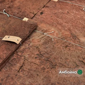Amboyna burl veneer sheets 0.6 mm thick with tags