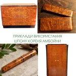 Collage of products made using Amboyna root burl veneer