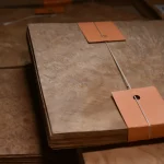 Side view of Madrone burl veneer (root cuts) stack 0.6 mm
