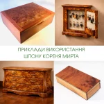 Collage of products made with Myrtle burl veneer: boxes, chest of drawers.