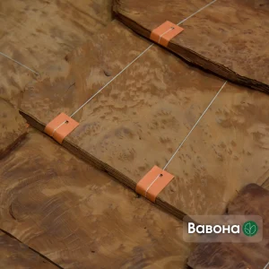 Vavona burl veneer sheets 0.6 mm thick bundled with orange straps