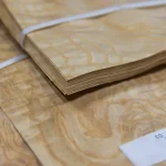Edge view of olive ash burl veneer pack showing 0.6 mm thickness.