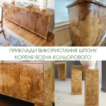 Collage showing examples of using olive ash burl veneer in furniture and interiors.