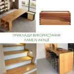 Collage of products made of Acacia lamella: desk, stairs, box, bar counter
