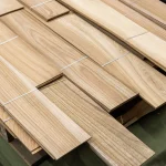 Bundles of sawn elm veneer 2.5 mm in the warehouse, general view
