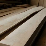 Long sheets of sawn beech veneer on a work table