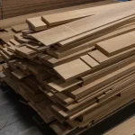 Packs of sawn oak veneer in a lumber warehouse