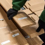 Worker in gloves holding a sheet of sawn oak veneer with a label