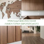 Collage of finished products made of sawn European Walnut veneer: furniture, walls, flooring.