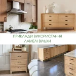 Collage showing examples of using alder lamella in interiors and furniture