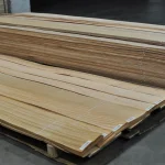 Large pallets with sliced red oak veneer at the WoodWay Expert warehouse.