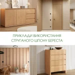 Collage of interiors and furniture finished with natural sliced elm veneer