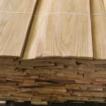 Stack of sliced elm veneer sheets, side view showing layers