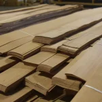 Warehouse pallet with bundles of sliced beech veneer of various lengths