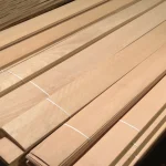Bundle of natural sliced beech veneer sheets in the warehouse.
