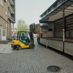 Forklift moving a pallet of sliced veneer near the WoodWay Expert warehouse.