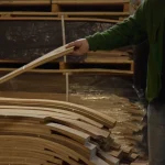 Selecting natural sliced cherry veneer sheets at the WoodWay Expert warehouse.