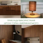 Collage of products made from American walnut veneer: kitchen cabinets, table lamp, wall panels.