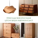 Collage of furniture and a lamp finished with sliced American cherry veneer.