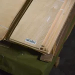 Barcode label on a bundle of sliced white ash veneer