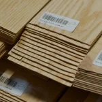 Ends of sliced white ash veneer packs showing 1.5 mm thickness and barcode labels.