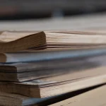 Close-up of sliced olive ash veneer stack showing the 0.6 mm sheet thickness.